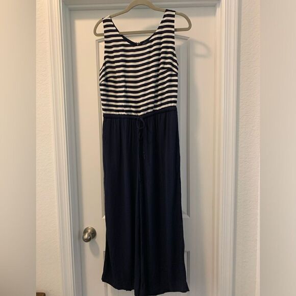 Talbots Cinch Waist Wide Leg Jumpsuit Size 8 Nautical Vibe Navy Blue Stripe - Picture 7 of 7